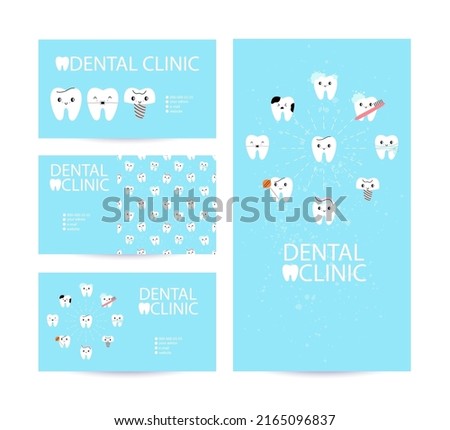 Dental clinic business card template. Teeth Vertical and horizontal Background set, dentist and orthodontist logotype, banner and poster, flyer or groupon with copy space, vector collection