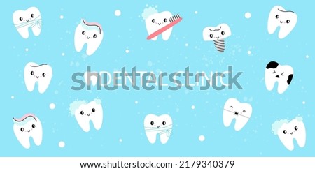 Teeth Background. Dental clinic vertical texture with copy space, Various healthy, with caries, cute tooth yellow, white enamel, toothbrush and toothpaste, dental floss, braces and denture , vector
