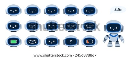 Robot emotions. Chatbot assistant emotions, cute ai symbol, tech mascot. Happy or sad funny face. Robotic machine high and low battery. Vector cartoon flat isolated smile character illustration