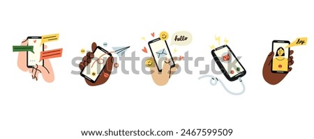 Smartphone communication. Hand hold phone. Chatting, video and text messages, letter mail. Device screen with people faces, facetime application. Gadget cartoon flat style isolated vector illustration