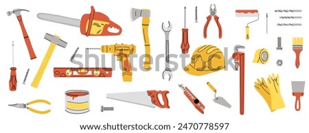 Repair tools set. House construction equipment. Doodle style drawing. Building instruments screwdriver saw and hammer. Renovation industry. Vector cartoon flat isolated contemporary illustration