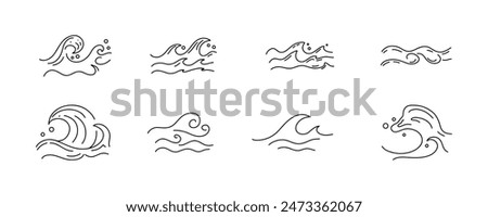 Line waves. Outline marine icons, emblem logo or badge design. Minimal style illustration. Sea and ocean summer vacation. Pictogram water streams. minimalistic symbol. Vector isolated illustration