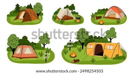 Camping composition. Landscape with trees and bushes. Camp tent and bonfire. Tourist campsite, outdoor adventure, campground in forest. Hiking tourism. Summer vacation vector cartoon flat illustration