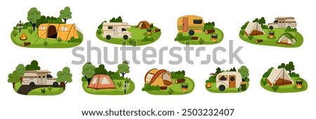 Camping composition. Landscape with trees and bushes. Camp tent and bonfire, car and van. Tourist campsite, outdoor adventure in forest. Hiking tourism summer vacation vector cartoon flat illustration