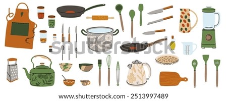 Kitchen utensils. Kitchenware tools and equipment. Frying pan, saucepan, knives and forks. Cutlery objects for food cooking modern contemporary crockery, cartoon flat isolated vector illustration