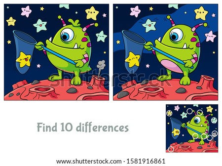 Funny monster caught the star. Find 10 differences. Educational game for children. Cartoon vector illustration.