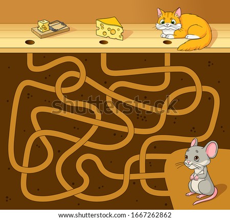 Help the cute mouse find the way to the cheese. Maze game for kids. Vector cartoon illustration. 