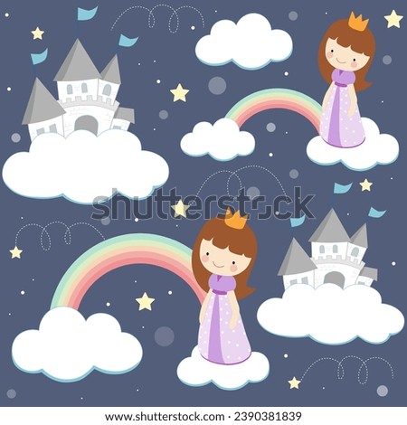 seamless pattern of princess and her castle on clouds at night with stars  on blue  background , vector, illustration