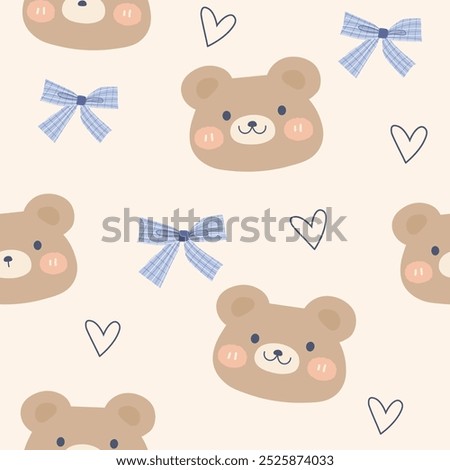 cute bear heads with hearts and striped bows  seamless pattern , vector illustration