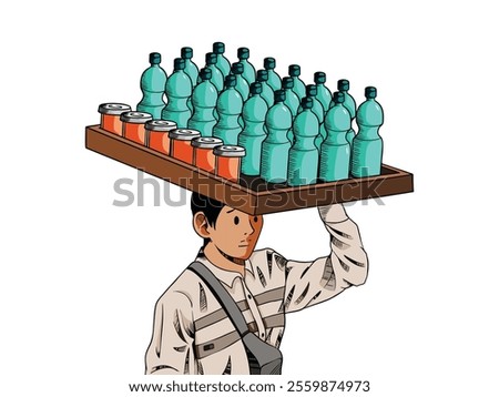 Seller of iced tea and bottled mineral water stored on a tray above his head