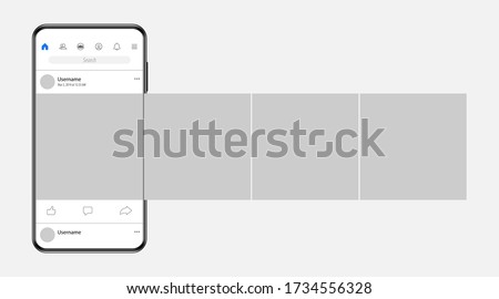 Internet application on the screen of a real smartphone. Post carousel on social media. Vector illustration. 