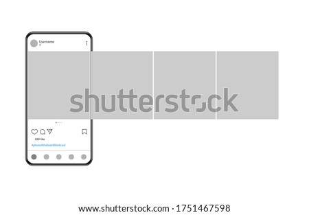 Internet application on the screen of a real smartphone. Post carousel on social media. Vector illustration.