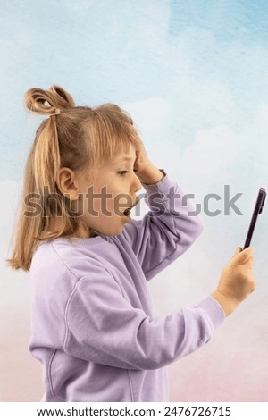 Similar – Image, Stock Photo Schoolgirls looking for audio books in school library. Students choosing books. Elementary education. Doing homework. Back to school