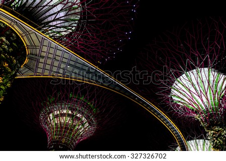 SINGAPORE - SEPTEMBER 19: Supertrees Grove lighting in Garden by the Bay, on 19 September, 2015. Garden by the Bay was created in 2012.