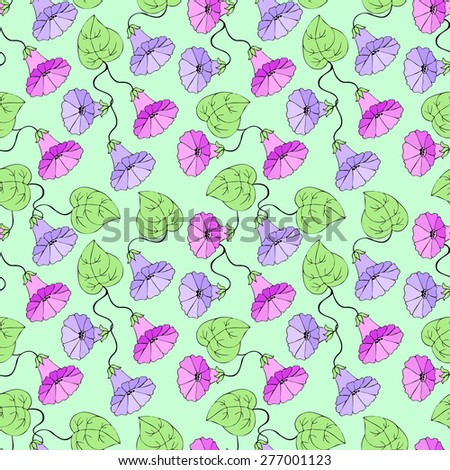 Vector creative hand-drawn abstract seamless pattern of stylized flowers in pink, purple, lilac, purple and green colors.