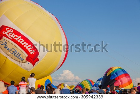 SAINT-JEAN-SUR-RICHELIEU, QUEBEC, CANADA - AUGUST 9: 125 kinds of hot air balloons on Montgolfieres - Hot Air Balloons Festival in Saint-Jean-Sur-Richelieu, Canada on August 9, 2015