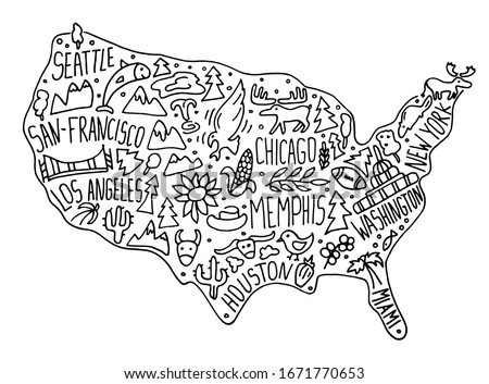 Hand drawn doodle USA map. American city names lettering and cartoon landmarks, tourist attractions cliparts. US travel, trip comic infographic poster, banner concept design. 