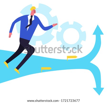 Project pivot concept illustration of businessman running to fork. Funny flat cartoon style. Bright colors. White background