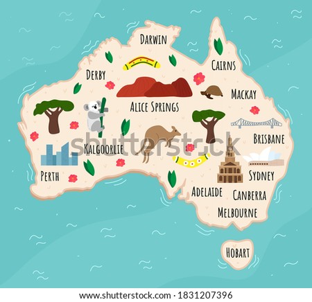 Cartoon map of Australia. Travel illustration with australian landmarks, buildings, food and plants. Funny tourist infographics. National symbols. Famous attractions. Vector illustration
