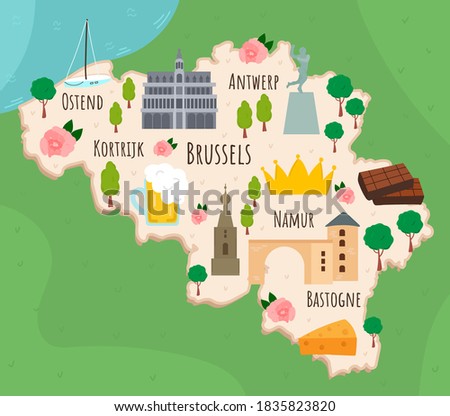 Cartoon map of Belgium. Travel illustration with landmarks, buildings, food and plants. Funny tourist infographics. National symbols. Famous attractions. Vector illustration