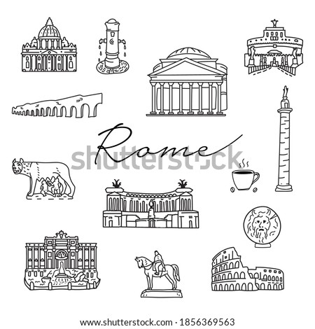 Italy Rome hand drawn doodle icons. travel architecture. Fountains, cathedrals. Italian symbols outline drawing clipart isolated on white background