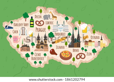 Cartoon map of Czech Republic. Travel illustration with landmarks, buildings, food and plants. Funny tourist infographics. National symbols. Famous attractions. Vector illustration