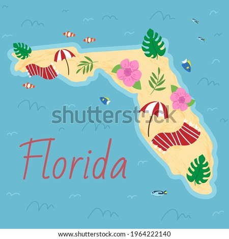 Simple border map of Florida - southern state on USA. Some beach umbrellas and towels, fish, flowers, tropical leaves. Land with textured background and orange lettering