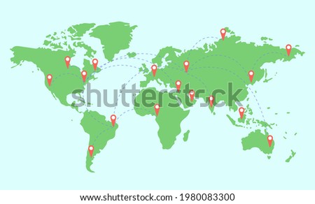 Colored illustrated map of the world with continents and navigator pin red mock up. Connecting global travel technology location icon, Destination points. Aviation routes concept