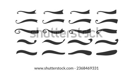 Swoosh and swoops double underline typography tails shapes. Brush drawn thick curved smears. Hand drawn collection of curly swishes, swashes, squiggles. Vector calligraphy doodle swirls. icons set