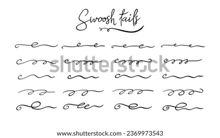 Swoosh and swoops double underline typography tails shapes. Brush drawn thick curved smears. Hand drawn collection of curly swishes, swashes, squiggles. Vector calligraphy doodle swirls. icons set