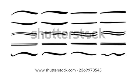 Swoosh and swoops double underline typography tails shapes. Brush drawn thick curved smears. Hand drawn collection of curly swishes, swashes, squiggles. Vector calligraphy doodle swirls. icons set
