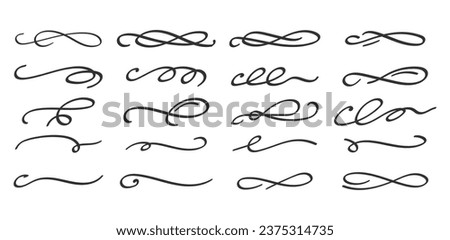 Swoosh and swoops double underline typography tails shapes. Brush drawn thick curved smears. Hand drawn collection of curly swishes, swashes, squiggles. Vector calligraphy doodle swirls. icons set