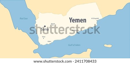 Yemen map with main cities Sana and Red sea. strikes Houthis in Yemen illustration. Colored map of Yemen area with other land.