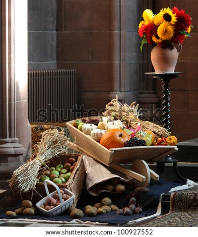 A Harvest Festival Display Inside a Country Church.