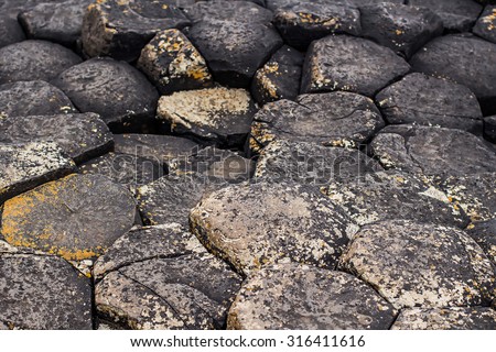 Close-up background of polygonal column? in Giant\'s Causeway in Northern Ireland. Image with selective focus