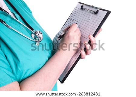 Female doctor fills patient registration prior to admission and examination. The doctor is thorough in completing properly so the patient gets the optimal treatment during his examination and illness
