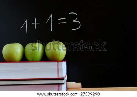 blackboard with apples and books showing a concept for education