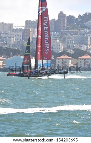 SAN FRANCISCO, CALIFORNIA Ã¢Â?Â? SEPTEMBER 14: Team New Zealand sails at high  during the finals race 8 at the AmericaÃ¢Â?Â?s Cup Finals on September 14, 2013 in San Francisco, California.