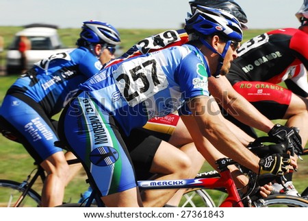 DENVER, COLORADO - MAY 12, 2007: Bike racers compete atop Table Top Mountain in Denver in a semi-pro bike race on May 12, 2007 in Denver.