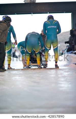 PARK CITY - DECEMBER 5 : Team Australia prepares for their run at  the America\'s Cup Bobsled Races  December 5, 2009 in Park City, Utah.