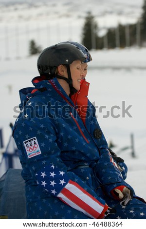 PARK CITY, FEBRUARY 6, 2010: Members of the USA Women\'s Olympic Freestyle Skiing Team take a break during practice  for the upcoming games in Vancouver, February 6, 2010 in Park City, Utah.
