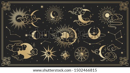 Asian set with clouds, moon, sun and  stars . Vector collection in oriental chinese, japanese, korean style. Line hand drawn illustration isolated on black background. Retro elements set.