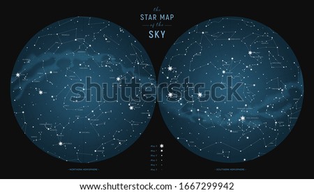 Star constellations around the poles. Nothern and Southern high detailed star map with symbols and signs of zodiac. 