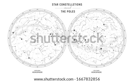 Star constellations around the poles. Nothern and Southern high detailed star map with symbols and signs of zodiac.  Black astrological celestial map 