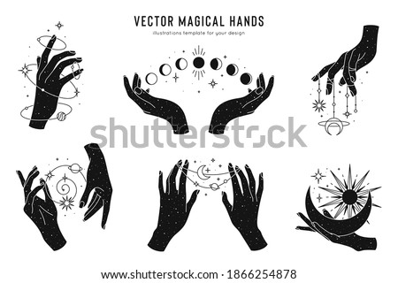 Vector magical hands set of logo template. Linear style, minimal design. Planets, moon phases, sun and stars. Esoteric and mystical design elements. 