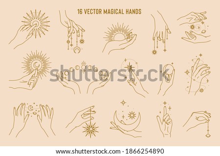 16 vector magical hands set of logo template. Linear style, minimal design. Planets, moon phases, sun and stars. Esoteric and mystical design elements.