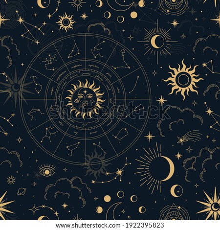 Vector magic seamless pattern with constellations, zodiac wheel, sun, moon, magic eyes, clouds and stars. Mystical esoteric background for design of fabric, packaging, astrology, phone case, yoga mat
