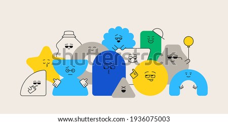 Cute cartoon geometric figures with different face emotions, funny poster idea for kids. Colorful characters, trendy vector illustrations, basic various figures for children education.