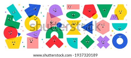 Geometric character shapes with face emotions, different cartoon basic figures. Cute colorful shapes, trendy colors, hand drawn textures, vector illustrations for children education. 