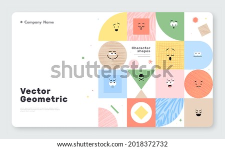 Vector banner with character geometric figures on white background. Cute cartoon characters, colorful various figures with textures. Poster design template.